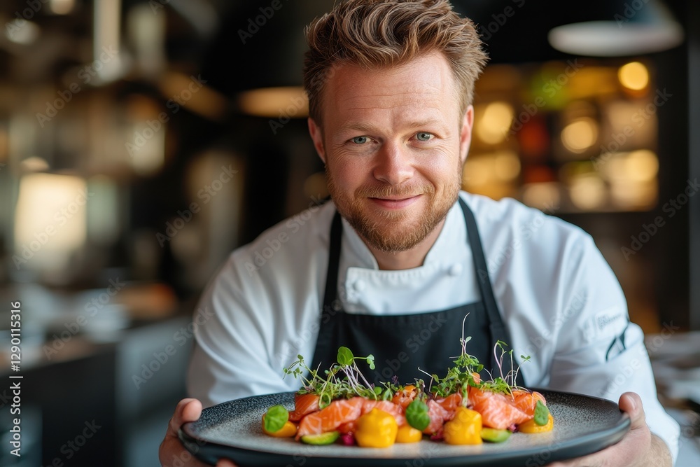 Smiling chef presents a plated salmon dish. Perfect for restaurant menus, culinary blogs, and food articles. Smiling chef presents a plated salmon dish. Perfect for restaurant menus, culinary blogs, and food articles.