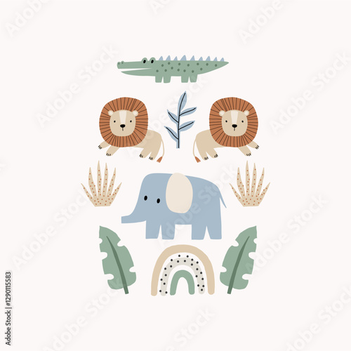 Cute African Safari animals flat style. Folk ornament. Childish crocodile, lion, elephant. Kids vector print