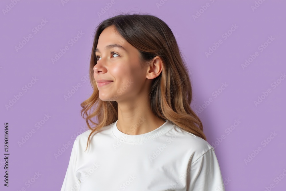 Portrait of a Smiling Young Caucasian Woman with Long Wavy Hair Against a Soft Purple Background, Embodying Joy and Confidence in a Casual Tee Portrait of a Smiling Young Caucasian Woman with Long Wavy Hair Against a Soft Purple Background, Embodying Joy and Confidence in a Casual Tee