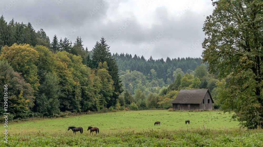 Horses Grazing in a Lush Green Meadow with a Rustic Barn Under a Cloudy Sky in a Serene Forest Landscape Horses Grazing in a Lush Green Meadow with a Rustic Barn Under a Cloudy Sky in a Serene Forest Landscape
