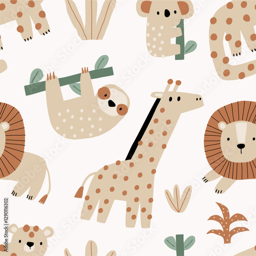 Cute African Safari animals flat style. Childish rhinoceros, giraffe, leopard, crocodile, koala. Kids vector seamless pattern