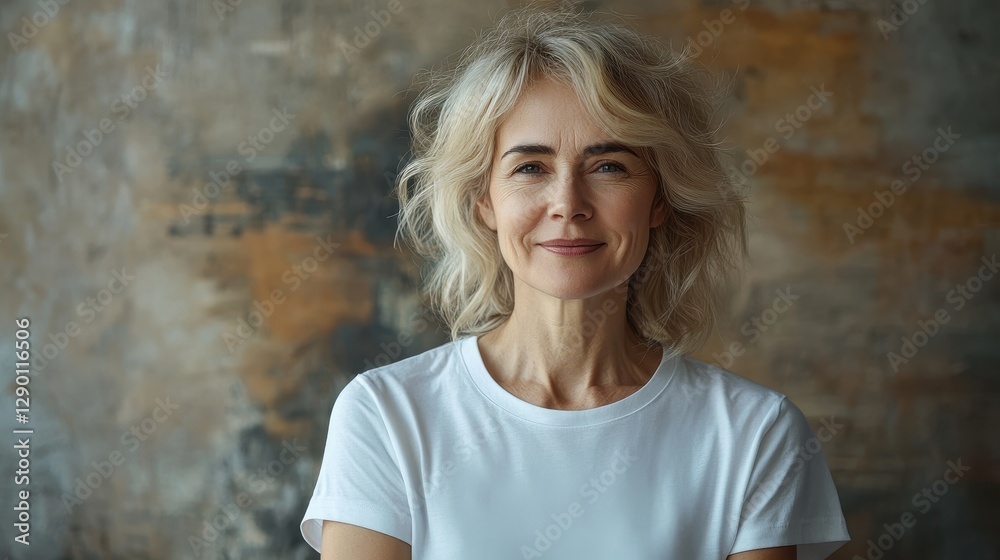 Smiling mature woman with blonde, wavy hair in a white t-shirt. Ideal for websites promoting beauty, aging gracefully, or female empowerment. Smiling mature woman with blonde, wavy hair in a white t-shirt. Ideal for websites promoting beauty, aging gracefully, or female empowerment.