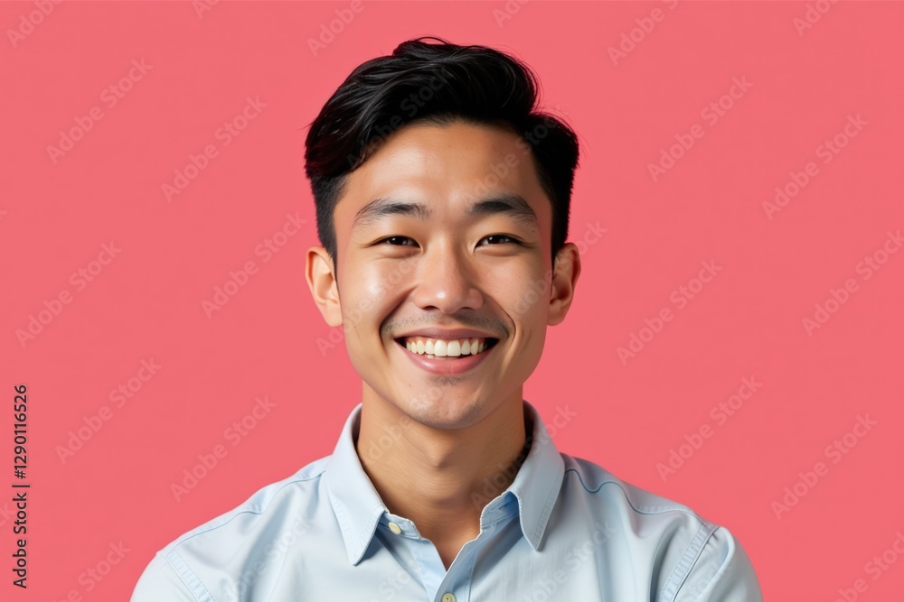 Smiling Asian Male in Casual Attire Against a Bright Pink Background: A Young Adult's Joyful Expression Captured in a Studio Portrait Smiling Asian Male in Casual Attire Against a Bright Pink Background: A Young Adult's Joyful Expression Captured in a Studio Portrait