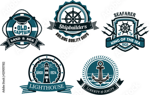 Nautical themed emblems and badges depicting a life buoy, helms, lighthouse, anchor and tridents with assorted banners and text in blue