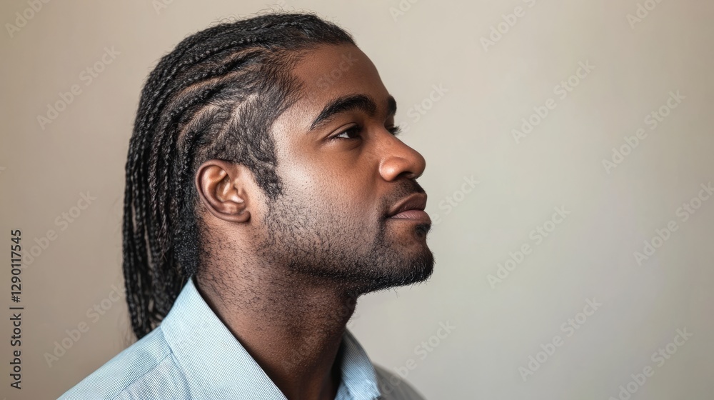 Obraz premium Man with cornrows exudes strength and focus, captured in dramatic side lighting. 