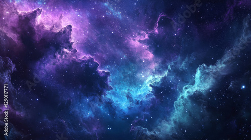 stunning nebula with vibrant colors of blue, purple, and teal, showcasing cosmic beauty