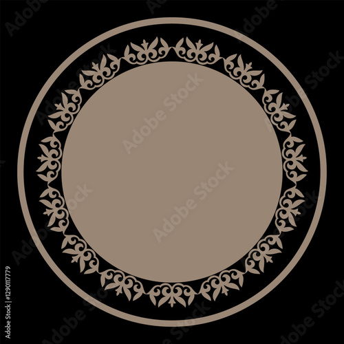 Oriental gold round frame with arabesques and floral motifs. Abstract gold ornament with place for your text. Beautiful round frame arabesque. For round surfaces, utensils, embroidery, porcelain