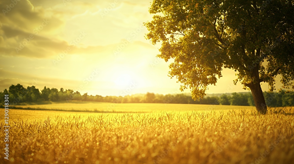 Obraz premium Golden Wheat Field at Sunset with a Single Tree