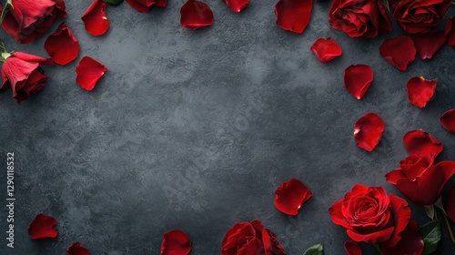 Elegant Arrangement of Red Roses and Petals on Dark Background
