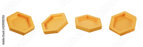 Set of 3d honey combs in different angles. Hexagon geometric shapes. Plastic wax cells. Vector cartoon isolated illustration. Element in plastic style.