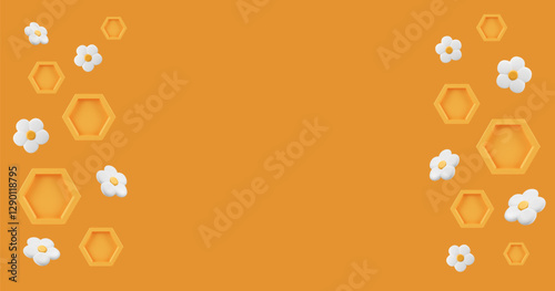 Background with 3d flowers and honeycombs. Border of summer plasticine elements. Banner template with copy space. Beekeeping frame. Vector minimalist illustration.