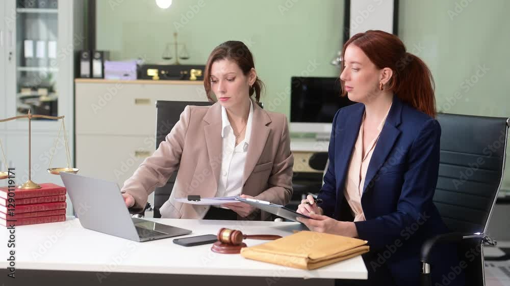 Professional female lawyers consulting on legal cases in a modern office. Perfect for law, business, justice Professional female lawyers consulting on legal cases in a modern office. Perfect for law, business, justice