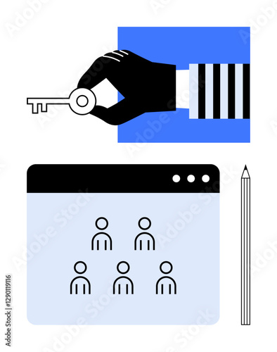 Hand holding key symbolizing access, user profiles on screen, pencil showing functionality. Ideal for security, account management, user access, online tools, teamwork, permissions abstract line