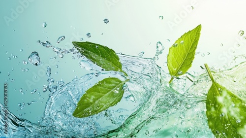 Fresh Green Leaves Splashing in Clear Water Against a Gradient Background