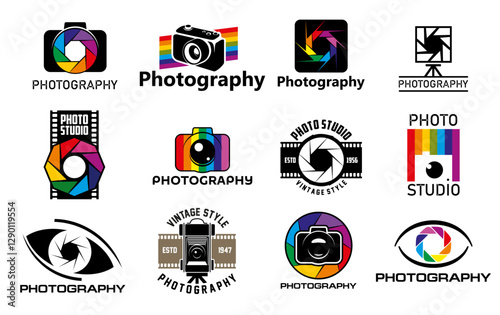 Photo studio camera with lens shutter vector icons. Digital and vintage photography cameras, professional photographer equipment and photographic film stripes, photo and creative studio emblems design