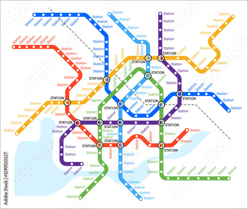 Metro underground, subway transport system map, vector plan with city lines. Subway metro or underground tube map with stations, railway train or bus network and urban transport scheme template