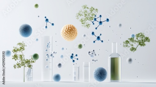 Abstract science display showcasing molecules lab glassware and botanical elements on light backdrop clean aesthetic