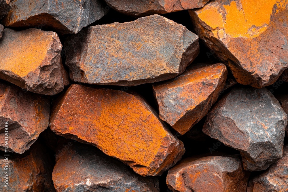 Textured iron ore stones in natural sunlight display vibrant oranges grays offering geological fascination Textured iron ore stones in natural sunlight display vibrant oranges grays offering geological fascination