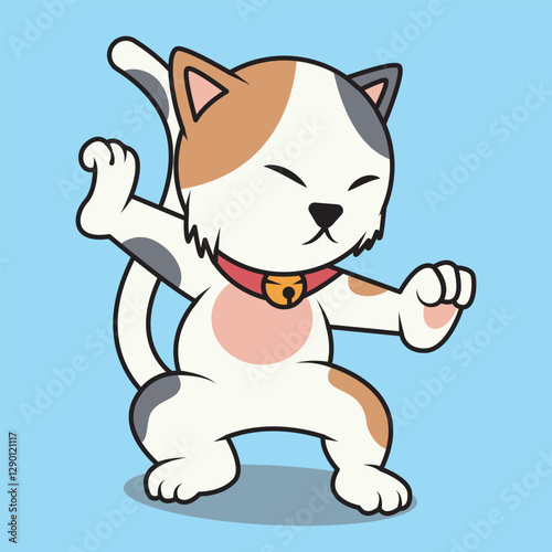 vector cartoon icon of a cute cat demonstrating martial arts movements
