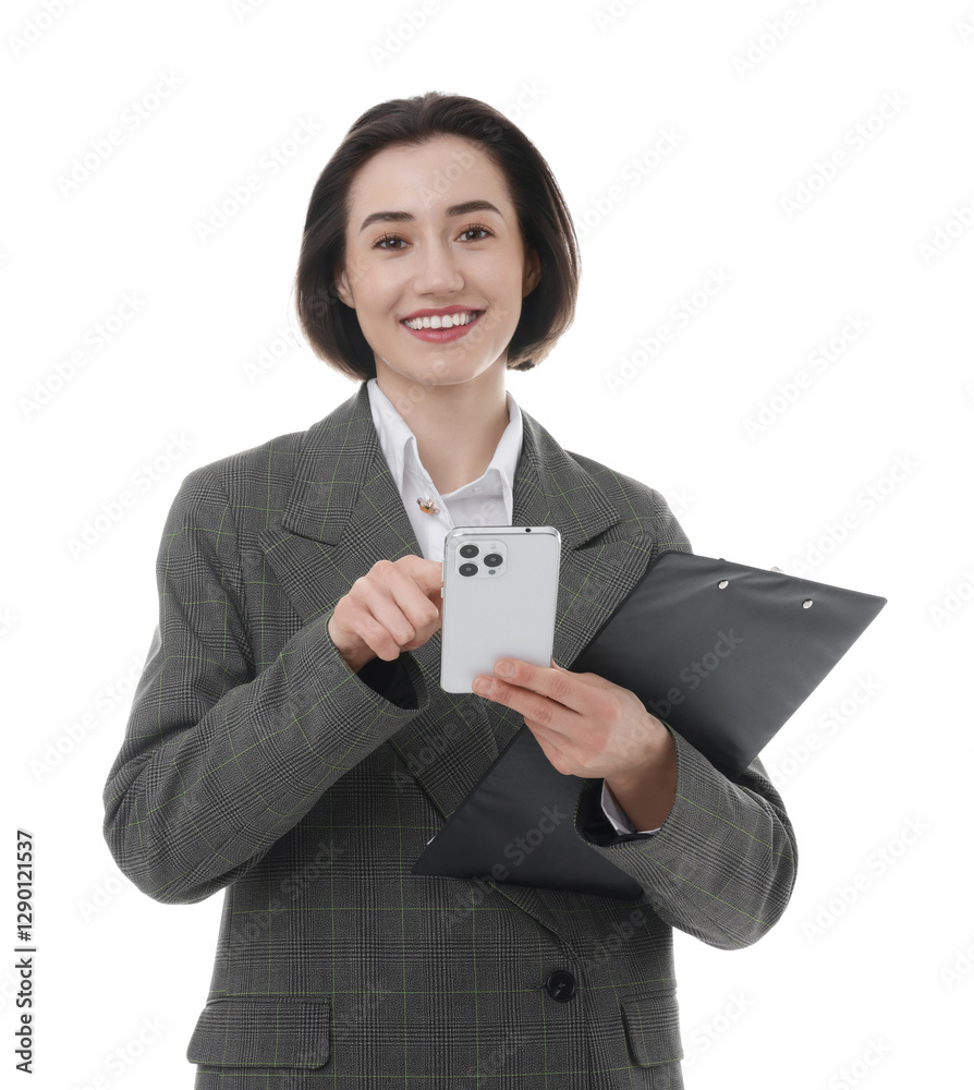 Smiling secretary with clipboard using smartphone on white background Smiling secretary with clipboard using smartphone on white background