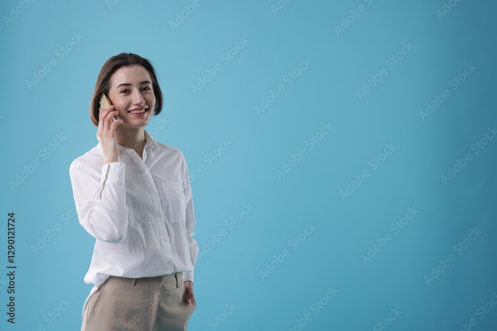 Smiling secretary talking on smartphone against light blue background. Space for text Smiling secretary talking on smartphone against light blue background. Space for text