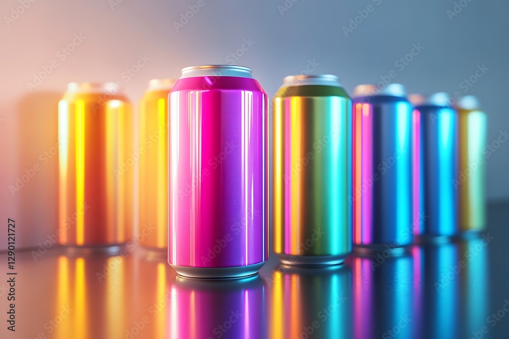 Vibrant Rainbow Aluminum Cans Reflecting Neon Light Vibrant Rainbow Aluminum Cans Reflecting Neon Light