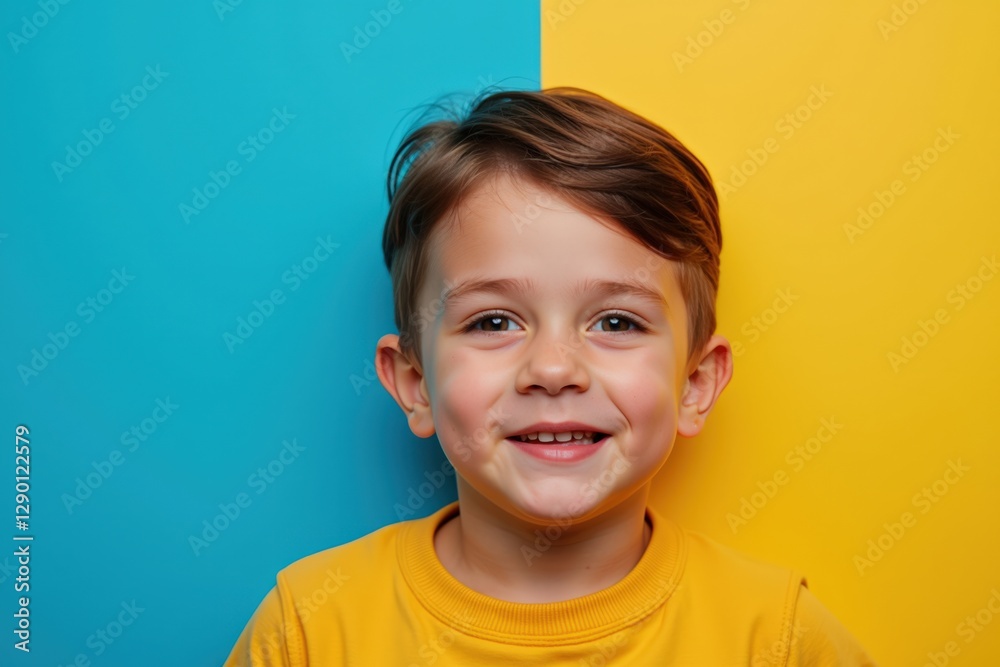 Smiling Young Boy with Light Brown Hair Against a Bright Blue and Yellow Background, Radiating Joy and Cheerfulness, Perfect for Childhood Themes Smiling Young Boy with Light Brown Hair Against a Bright Blue and Yellow Background, Radiating Joy and Cheerfulness, Perfect for Childhood Themes
