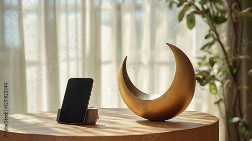 Crescent moon decor and phone on wooden table, sunlit.