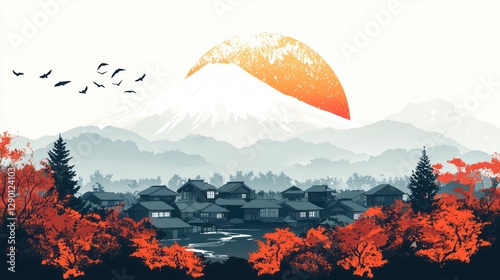 Serene Japanese Landscape with Mountain and Vibrant Sunset Glow