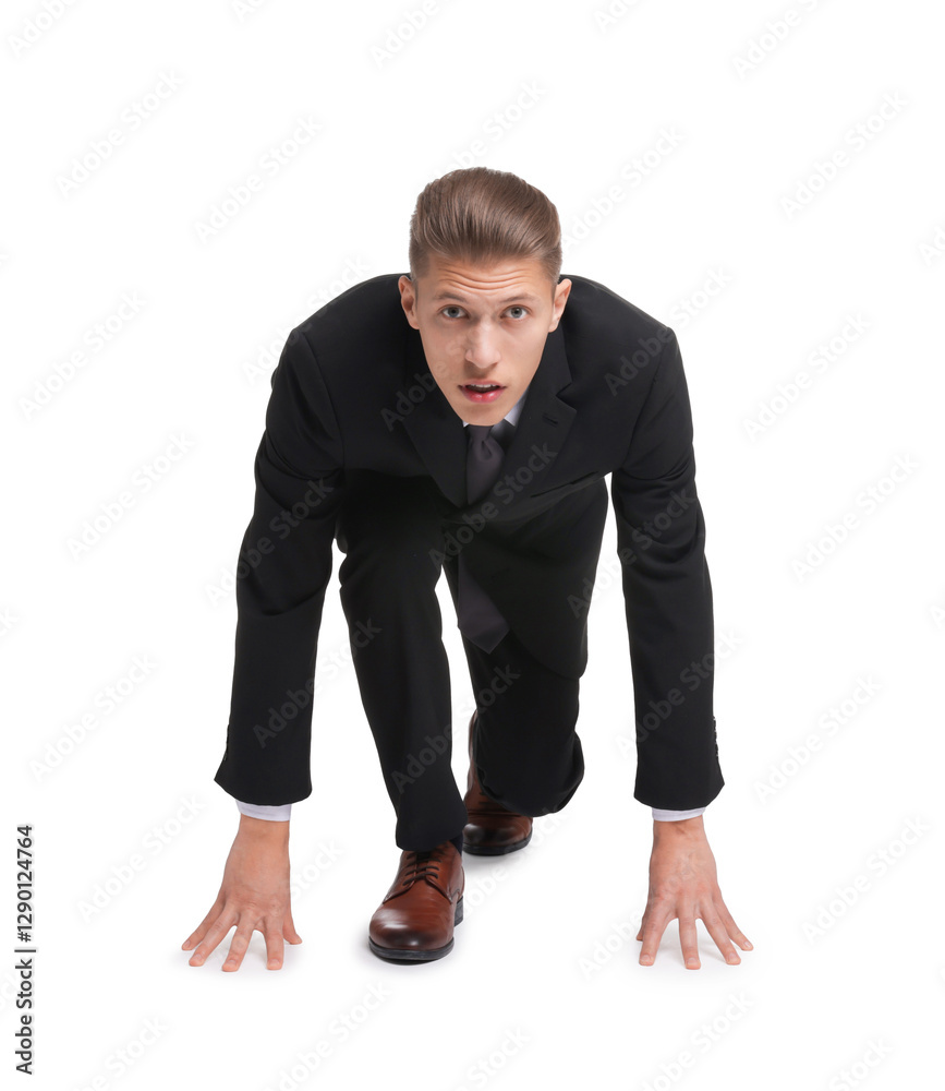 Businessman in starting position for run ready for competition on white background Businessman in starting position for run ready for competition on white background