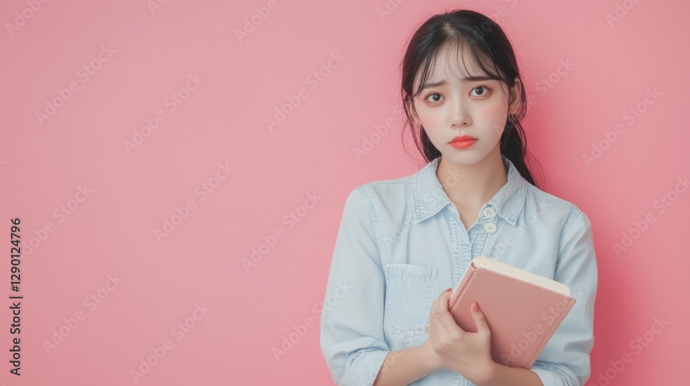 Young woman holding a book against a pink background Young woman holding a book against a pink background