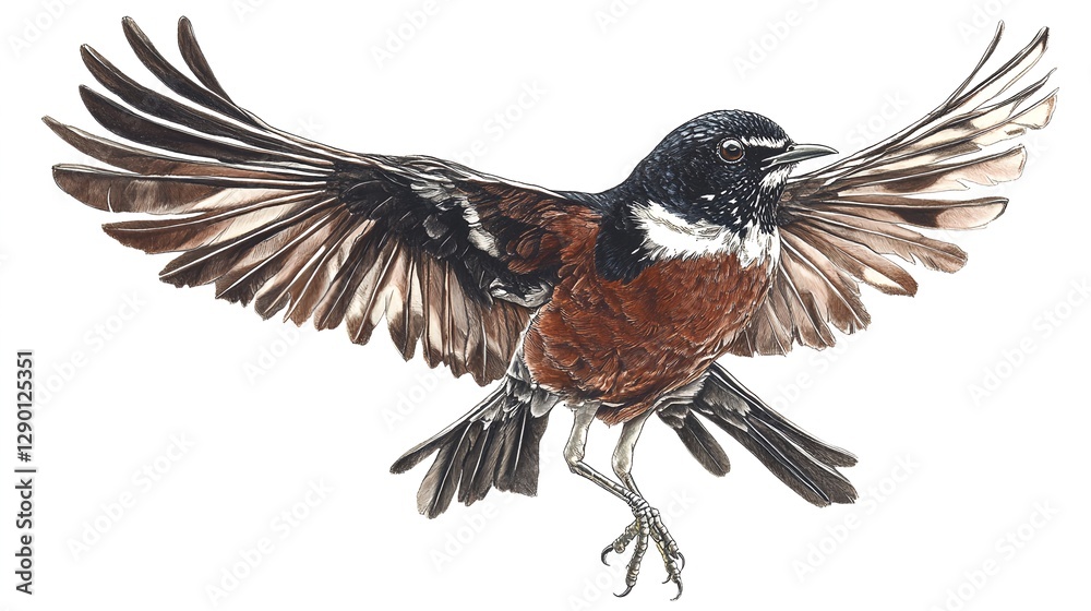 Obraz premium Realistic Photograph of American Robin in Flight Side View with Wings Spread