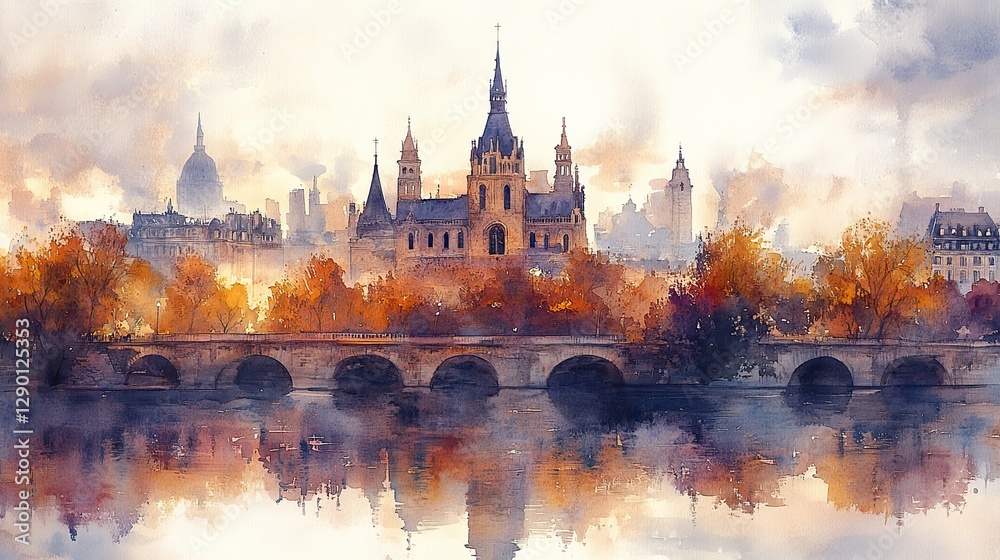 Fototapeta premium watercolor painting of a little church in paris france cityscape skyline
