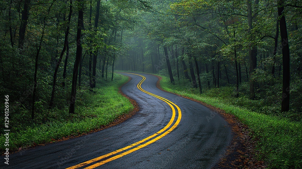Fototapeta premium winding asphalt road in the misty forest retro style