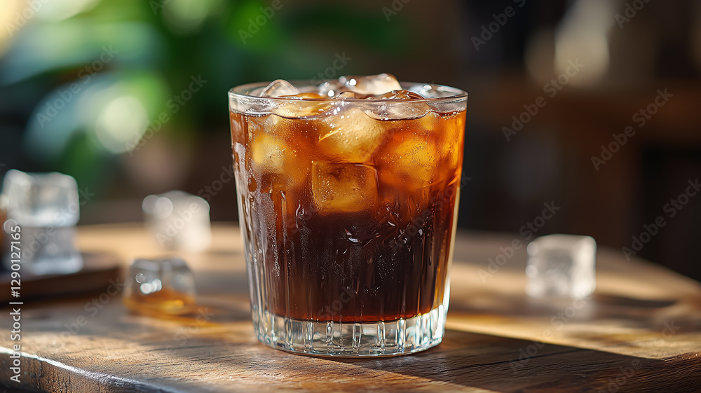 Refreshing Beverage in Glass with Ice on Wooden Table in Natural Light Images of Beverage in Glass Refreshing Beverage in Glass with Ice on Wooden Table in Natural Light Images of Beverage in Glass