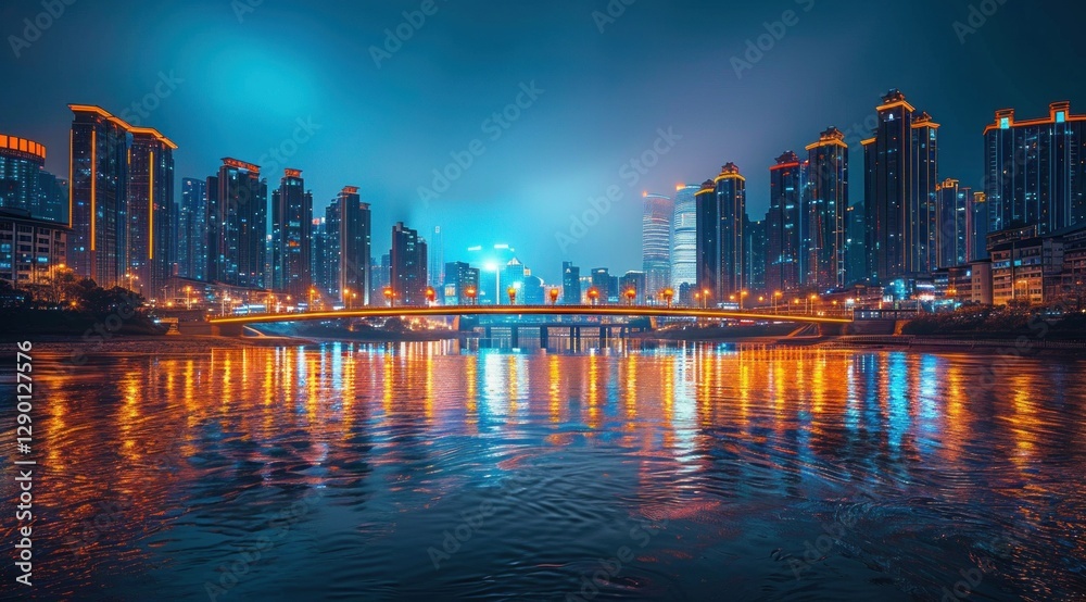 Fototapeta premium Night Cityscape with Bridge Reflections