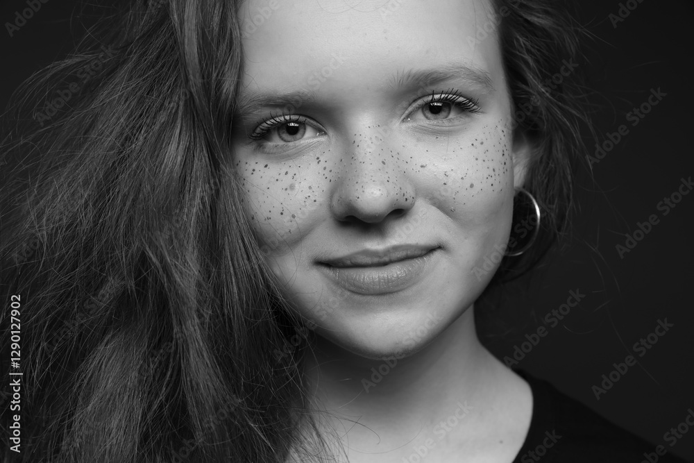 Fototapeta premium Beautiful teenage girl with freckles on dark background, closeup. Black and white effect
