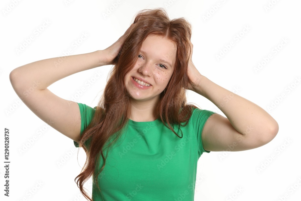 Beautiful teenage girl with freckles on white background Beautiful teenage girl with freckles on white background