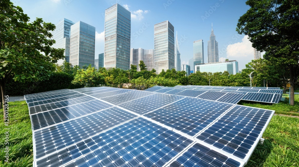 Fototapeta premium Solar panels in urban park landscape with modern buildings generating sustainable energy on sunny day