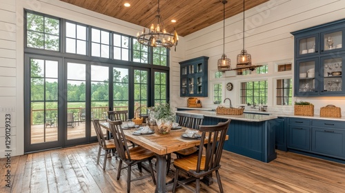 Rustic farmhouse dining kitchen with large windows