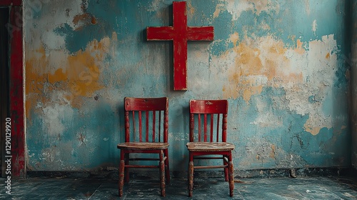 wooden cross on a painted wall with chairs design