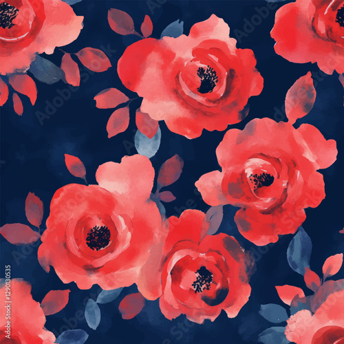 Roses, a red and navy floral pattern on a dark blue background.  pattern background or texture print. Fashion organic texture.