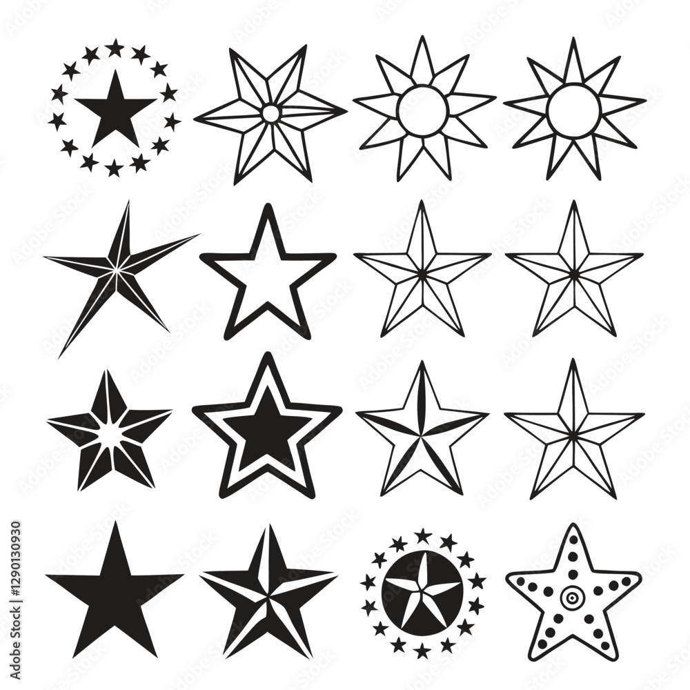 A diverse collection of various star shapes arranged in a grid pattern with five rows and twelve columns. The stars come in differe A diverse collection of various star shapes arranged in a grid pattern with five rows and twelve columns. The stars come in differe