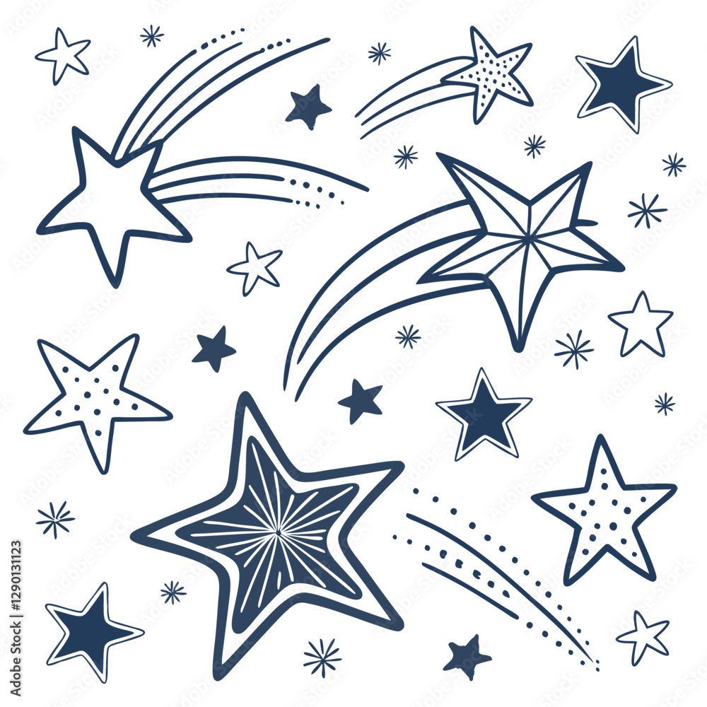 Hand-Drawn Star Vector Set: Whimsical Shooting Stars & Star Designs Hand-Drawn Star Vector Set: Whimsical Shooting Stars & Star Designs