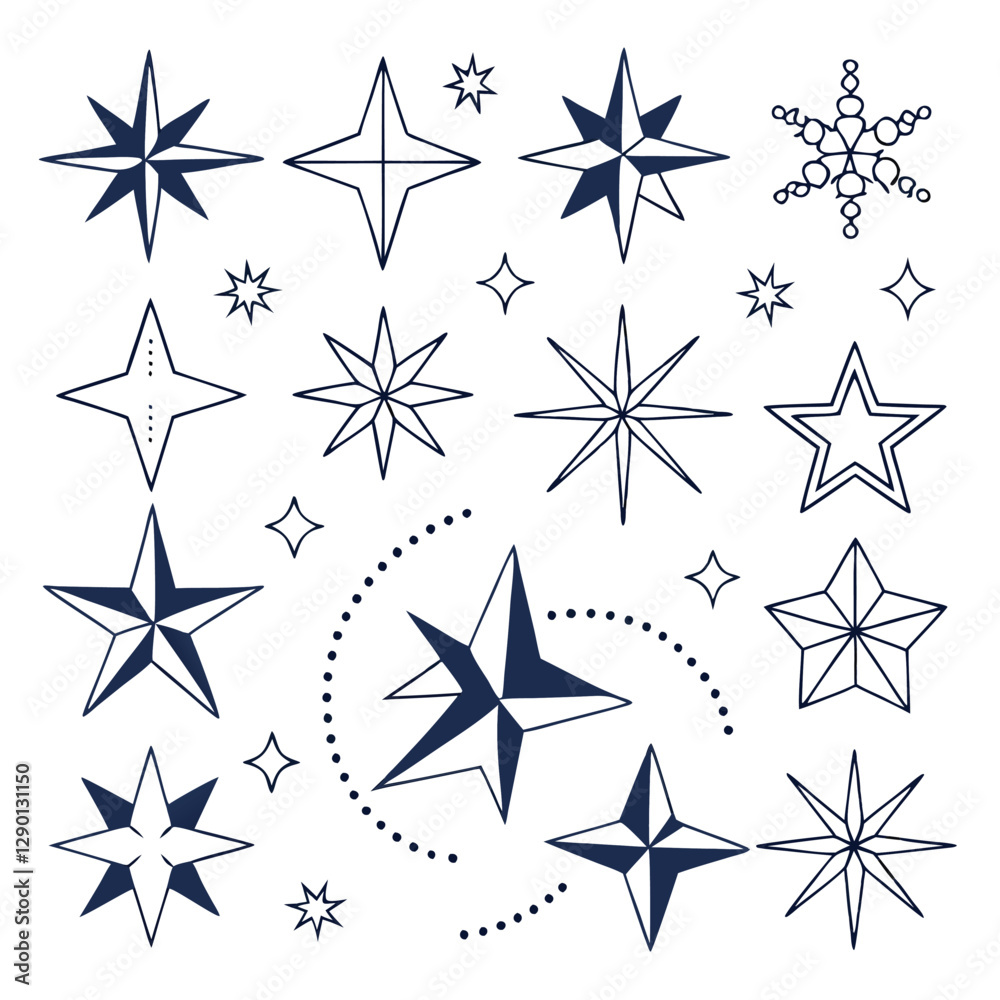 A collection of twenty unique black star shapes arranged in two rows. A collection of twenty unique black star shapes arranged in two rows.