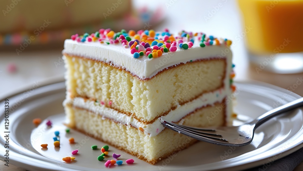 slice of birthday cake with cream and chocolate on a plate with a fork