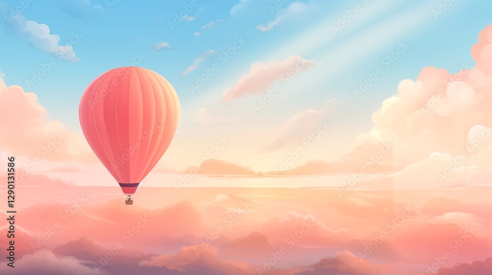 Fototapeta premium A hot air balloon in the sky, left empty space, soft peach background,generative ai illustration