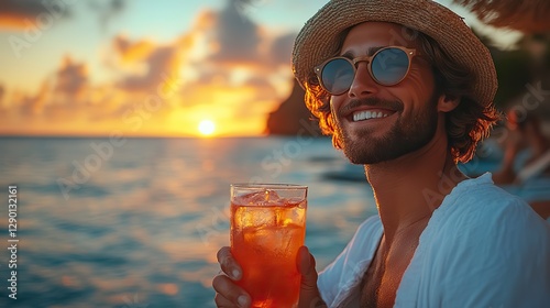 young man drinking a cocktail on the beach at sunset close up summer vibes