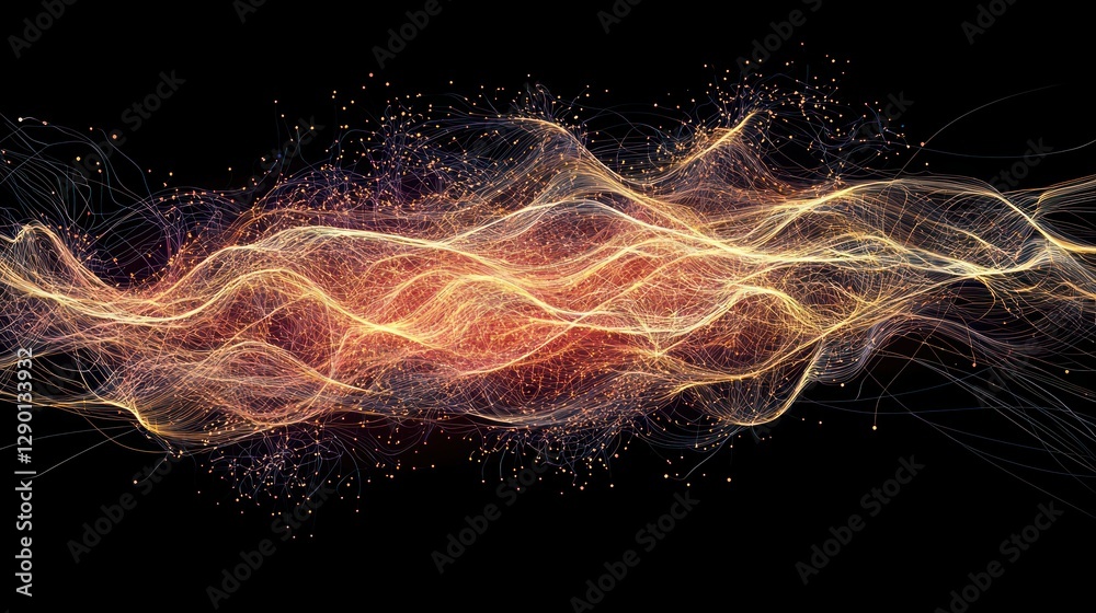 Obraz premium Abstract luminous wave with flowing lines and particles against a dark backdrop conveying energy and connection