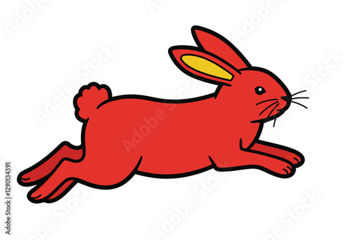 Jumping rabbit clipart. A red rabbit with yellow inner ears is shown in a leaping position. Vector illustration design.